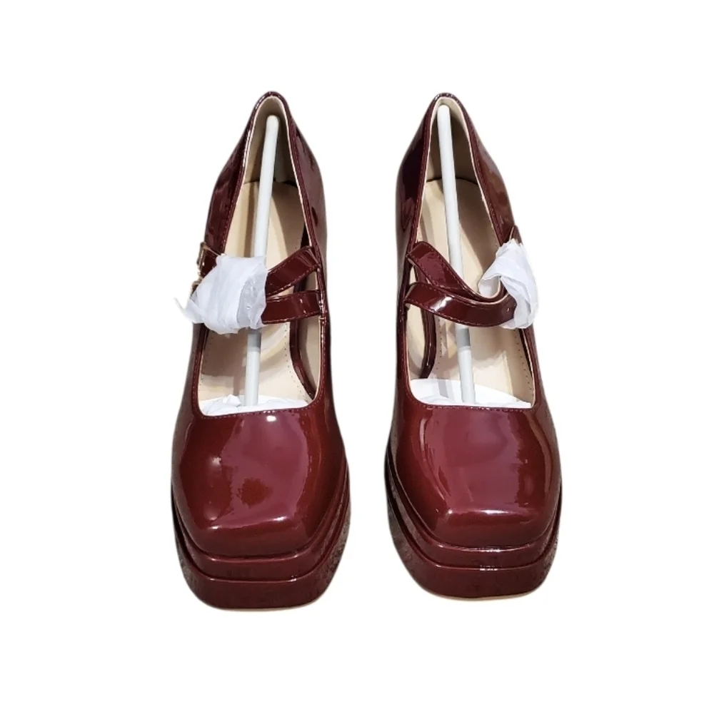 Women's Mary Jane Elegant Burgundy Platform Heels Pumps Retro Chunky 6.5